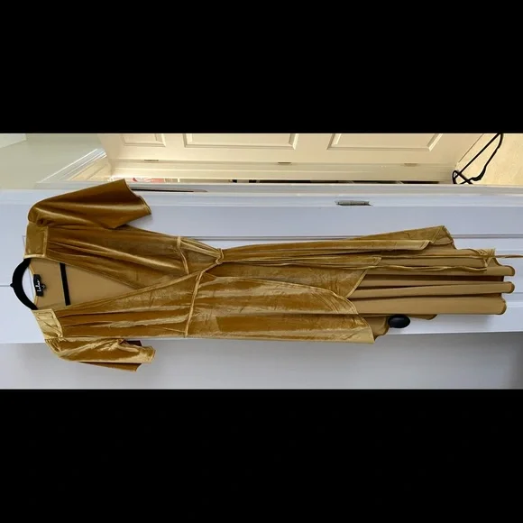 slim fit dress slacks Burnished Gold Velvet Bridesmaid Dress Mermaid Maxi Flutter Sleeve V-Neck main image 0